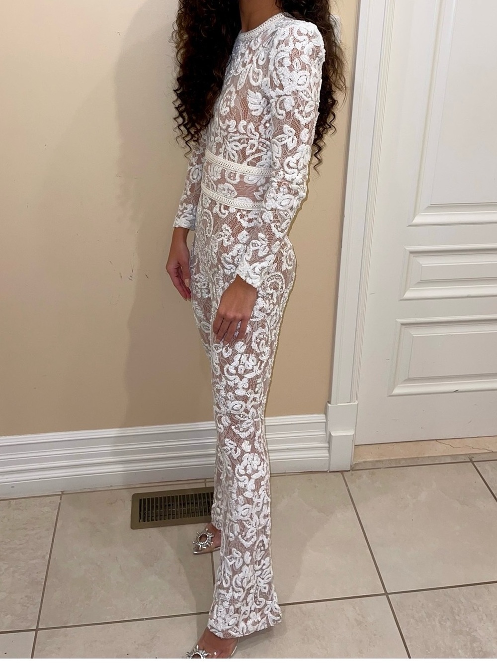NADINE MERABI White Lace Long-Sleeve Sheath Gown - Picture 4 of 4